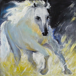 Running white Horse ORIGINAL oil painting on canvas, grey Horse, stallion wall art, animal artwork, hand painted