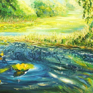 Flusslandschaft, Seerosen Original Ölgemälde, Spiegelung, Sommer, Natur, Gemälde, handgemalt