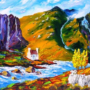 Scotland, sheeps Original oil painting, impasto, Scottish scenery, Scottish Croft, Scottish Hills, heather, highlands sunset, hand painted