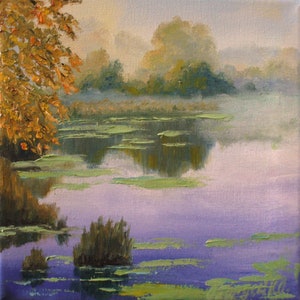 Fall lake ORIGINAL oil painting on canvas, small autumn landscape, reflection on water, evening, dusk, calming landscape, hand painted