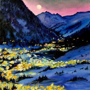 Peinture à l'huile hiver alpin : village de montagne des Alpes suisses, veilleuses
