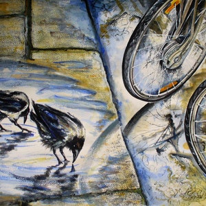 Cuervos de bicicleta PINTURA DE ACUARELA ORIGINAL, bicicleta, escena callejera, pintada a mano