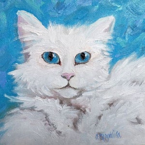 Chat blanc angora turc portrait d'animal de compagnie petite peinture à l'huile originale sur toile cadeau amateur d'animaux de compagnie peinture