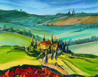 トスカーナの風景油絵 イタリア トスカーナの芸術 厚塗り絵画 田舎の家