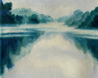 Fluss Panorama-Landschaft ORIGINAL Ölgemälde auf Leinwand, Morgen, Spiegelbild im Wasser, nebelige Landschaft, kleines Ölbild, handgemalt