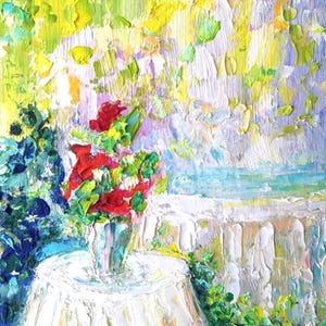 Pintura a óleo ORIGINAL de dia de verão emoldurada, verão, luz solar, terraço, rosa de jardim, pintada à mão