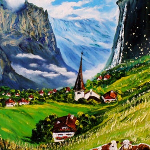 Switzerland Lauterbrunnen ORIGINAL oil painting on canvas, impasto,  summer, Houses in the Alps, waterfall, cows, mountain, hand painted
