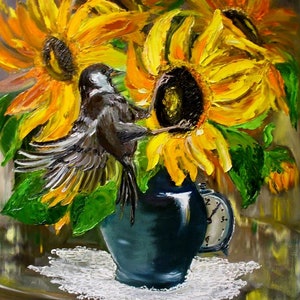 Sunflower Sparrow Oil Painting: Floral Impasto Art, 20x16 inches