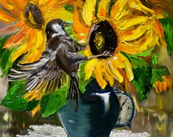 Sunflowers sparrow ORIGINAL Oil Painting bouquet wall decor flowers in vase impasto artwork for gift