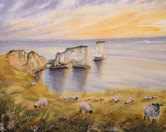 Pintura original em aquarela dos Penhascos Brancos de Dover, Costa da Inglaterra – Obra de arte pintada à mão por Oksana Gordijko – Peça única