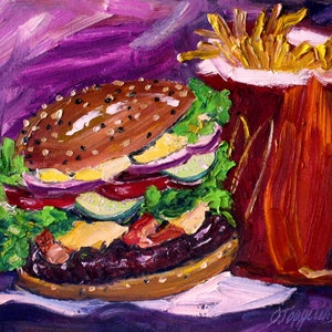 Hamburger ORIGINAL oil painting on canvas, fast food, burger, kitchen art, still life, mcdonalds, impasto, hand painted