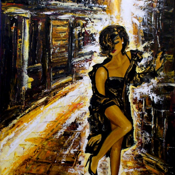 ORIGINAL peinture à l'huile sur toile femme élégante art urbain ensoleillé paris ensoleillé peinture rue prague reflet de la rue femme dans la ville