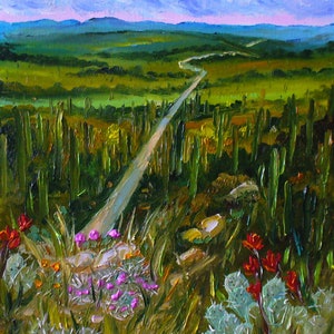 Désert de l&#39;Arizona ORIGINAL peinture à l&#39;huile sur toile, cactus en fleurs, Sonora, parc national des États-Unis, cactus, paysage américain, empâtement, peint à la main