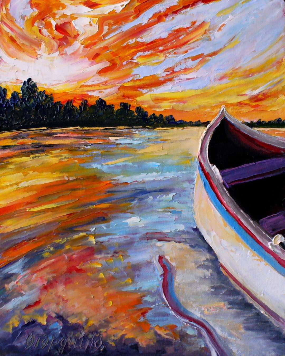 ORIGINAL Oil Painting on Canvas Boat Evening Sky Sunset on the Lake ...