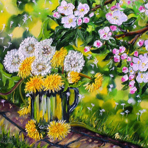 ORIGINAL peinture à l'huile sur toile pissenlits fleurs jaunes floraison printemps arbres floraison pommier jardin