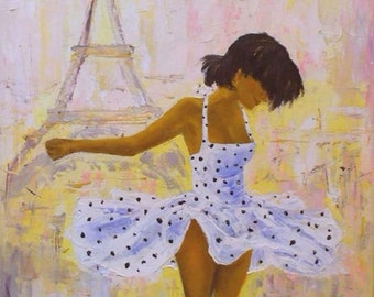 Woman in whit dress, Morning french rooftops ORIGINAL Oil Painting on Canvas, sunrise in Paris, Tour Eiffel, sunny cityscape