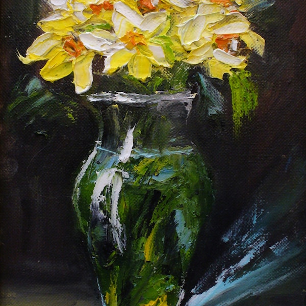 Peinture à l’huile ORIGINALE en noir encadré Jonquilles jaunes Œuvre d’art botanique Bouquet de fleurs dans un vase