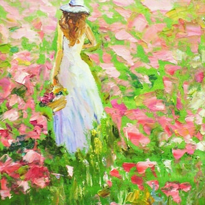 Menina com flores Pintura a óleo ORIGINAL, mulher em vestido branco, flores delicadas, paisagem de flores, prado de papoulas, Impasto, pintado à mão