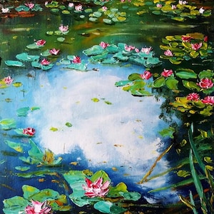 Seerosen, Teich Original Ölgemälde auf Leinwand Brett, pastose, Spiegelung, Seerosen Geld, von Hand gemalt