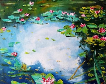 睡蓮の油絵：モネの池のアート、花の壁飾り（8x12）NatalyArtUa作