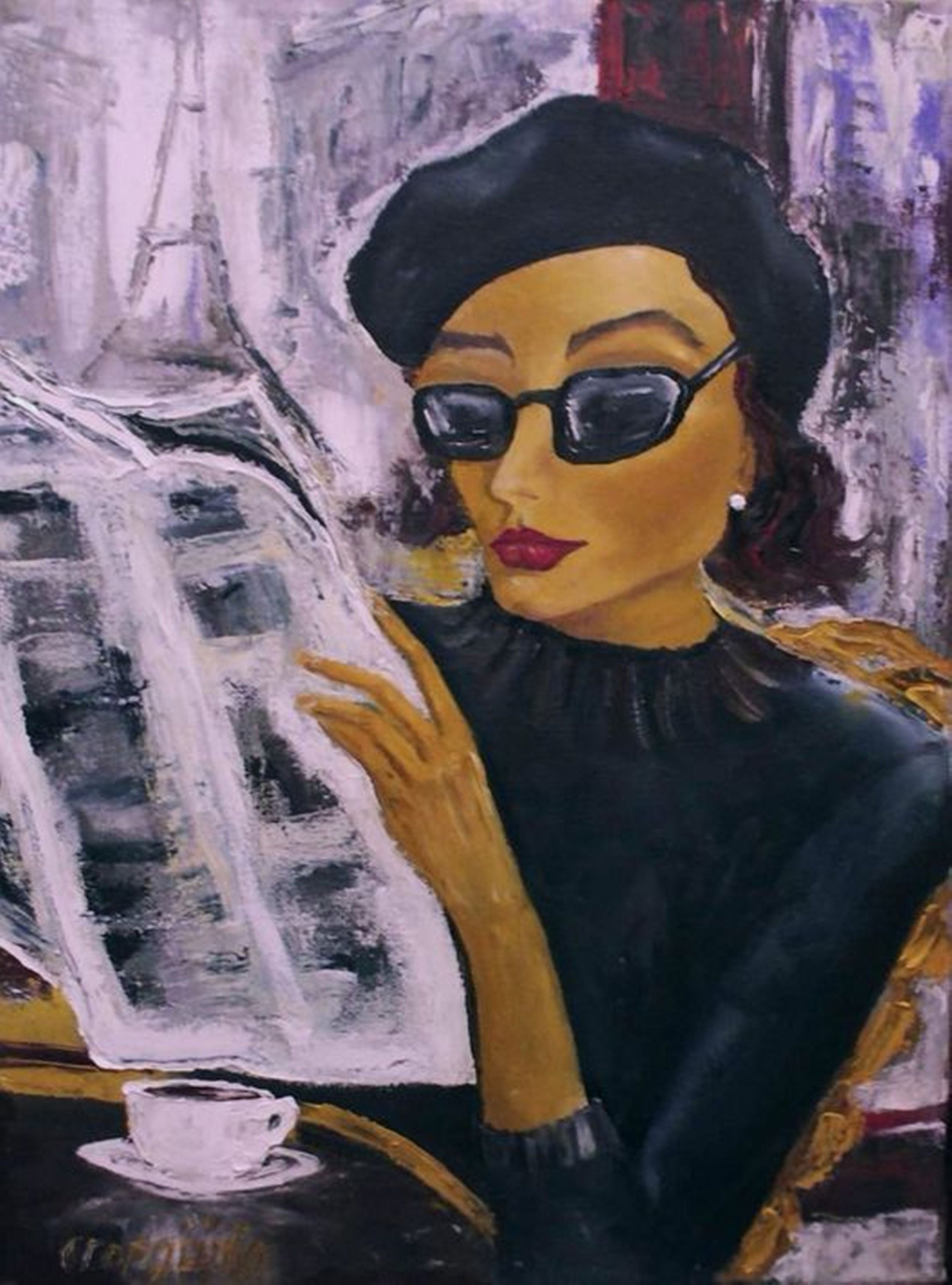 Frauen in einem Café, ORIGINAL Ölgemälde auf Leinwand, Paris, Morgenkaffee, Mädchen, weibliche Figur, elegante Frau, Kaffeetrinken Wandkunst