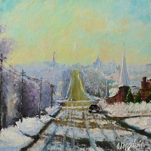 Winter snow landscape ORIGINAL oil painting on canvas, City, winter road, hand painted