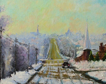 ORIGINAL oil painting on canvas Winter snow landscape painting Snow City Painting winter décor winter road Cityscape oil way home