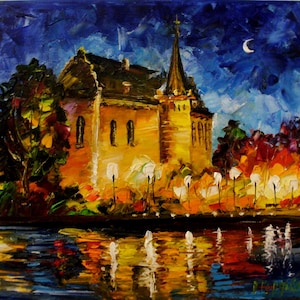 European city ORIGINAL oil painting, night lights, impasto,  cityscape, architecture, Poland, abstract city, hand painted