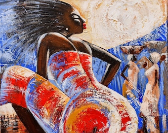 African woman painting, African Market art, African American canvas painting, contemporary African art, black woman portrait wall art