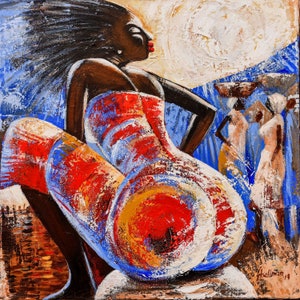 African woman painting, African Market art, African American canvas painting, contemporary African art, black woman portrait wall art