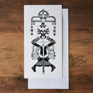 Máscara africana dibujo tarjeta de felicitación, tarjeta de chica negra, tarjeta de mujer afroamericana, tarjeta de felicitación de arte, tarjeta de arte Boho, tarjeta Kwanzaa, tarjeta de arte pluma