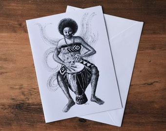 African American card, Black Cultural Card, Afro American woman, African drummer card, Kwanzaa card, Ethnic card, art greeting card