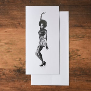 Carte noire de voeux de fille de danse, carte d’art de boho, carte afro-américaine de femme, carte d’art de stylo et d’encre, carte de Kwanzaa, carte de voeux d’art