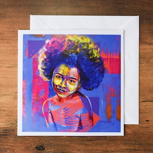 Afrikaanse Amerikaanse babykaart, Afro-babykaart, Afrikaanse babykaart, blauwe en paarse kaart, kunstgroetkaart, zwarte wenskaart, zwarte kunstkaart