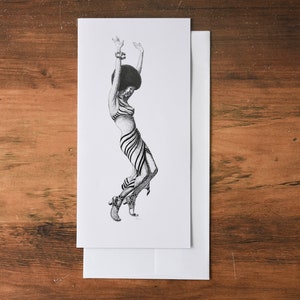 Biglietto d'auguri per ragazze nere danzanti, biglietto artistico boho, biglietto da donna afro-americano, carta d'arte penna e inchiostro, biglietto Kwanzaa, biglietto d'auguri artistico