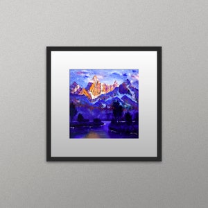 South African snowy mountain painting print, Blue and purple landscape painting, African home decor, boho wall art, square wall art