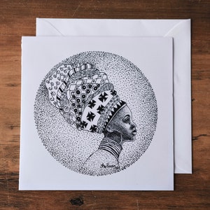 Carte africaine de salutation de dessin, carte noire de fille, carte afro-américaine de femme, carte de voeux d’art, carte d’art de Boho, enveloppement afro de cheveux, carte d’art de stylo