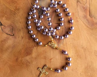 Handmade Rosary with Swarovski Pearls Amethyst Crystals Gold Small