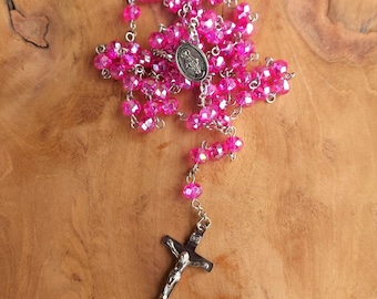 Handmade Pink Glass Bead Rosary | Silver