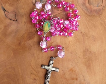 Handmade Pink Glass Bead Rosary | Vintage centerpiece and crucifix | Silver