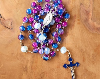 Handmade Multi-Color Glass Bead Rosary | Purple Blue Silver | Blue Crucifix