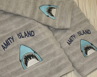 Jaws Towel Set, Amity Island Jaws Bath towel, Shark Bath, Hand and wash cloth Set, Custom Embroidered Towel Set