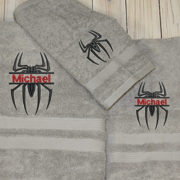 Spider Super Hero Towel Set Custom Embroidered, Personalized 3 piece Bath towel, Bath, hand towel & Washcloth Set Custom Embroidered