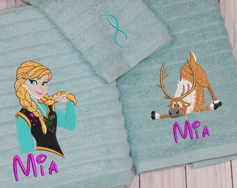 Personalized Frozen Anna Towel Set: Embroidered Cotton Bath, Hand Towel & Washcloth