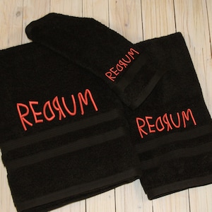 The Shinning REDRUM Horror Embroidered Bath Set, Hand Towel and Wash Cloth Set, Halloween, dark décor, bathroom Towel Set