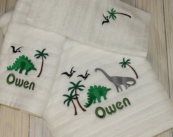 Dinosaur Scene Towel Set Custom Embroidered, Personalized 3 piece Bath towel, Bath, hand towel & Washcloth Set Custom Embroidered
