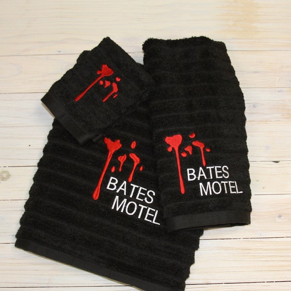 Bates Motel Bath Towel Set, Bates Motel, Bath Towel, Hand Towel & Washcloth Set,  Bates Motel Hand Towel, Blood Drip Custom Embroidered
