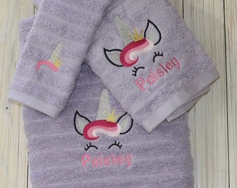Personalized Unicorn Embroidered Towel Set: 3-Piece Cotton Bath, Hand Towel & Washcloth