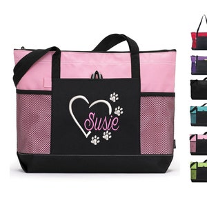 Personalized Dog Tote Bag Custom Embroidered with Zipper Top Closure, Heart and Paws pet travel bag, Pet gift, vet tech gift, dog bag