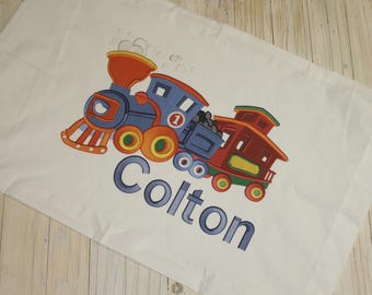 Personalized Train Pillowcase: Custom Embroidered Look, Soft Fabric